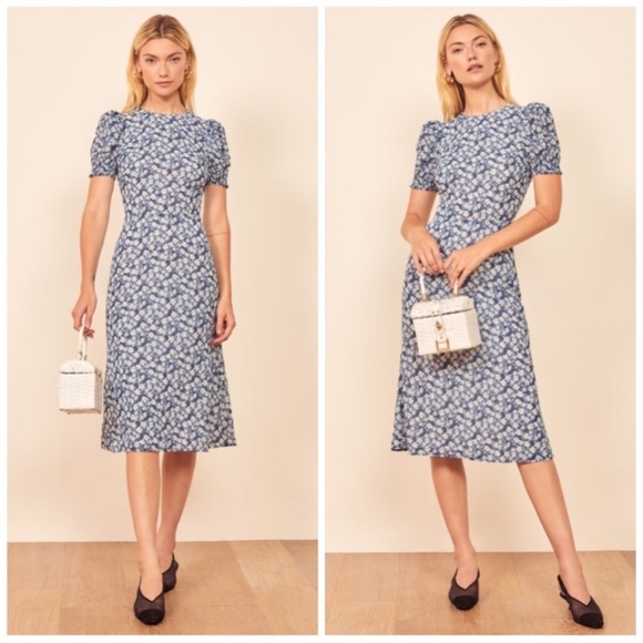 NEW WITH TAGS Reformation Lee Raquel Blue Floral Puff Sleeve Midi Dress Size 6 - Picture 16 of 16